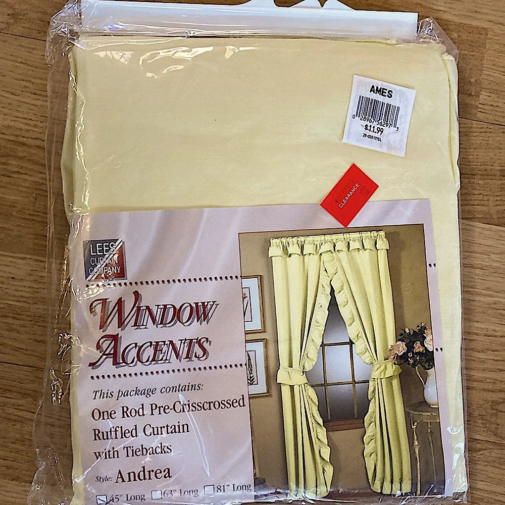 NEW 1980s VINTAGE Pale Yellow Lees Curtain Company Ruffled Curtain w/ tie backs